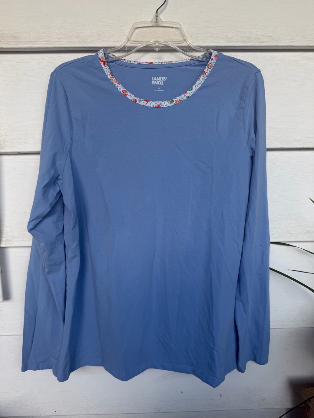 Lands' End Women’s Pajama Set Blue Long Sleeve Top & Floral Pants Size L 14-16
